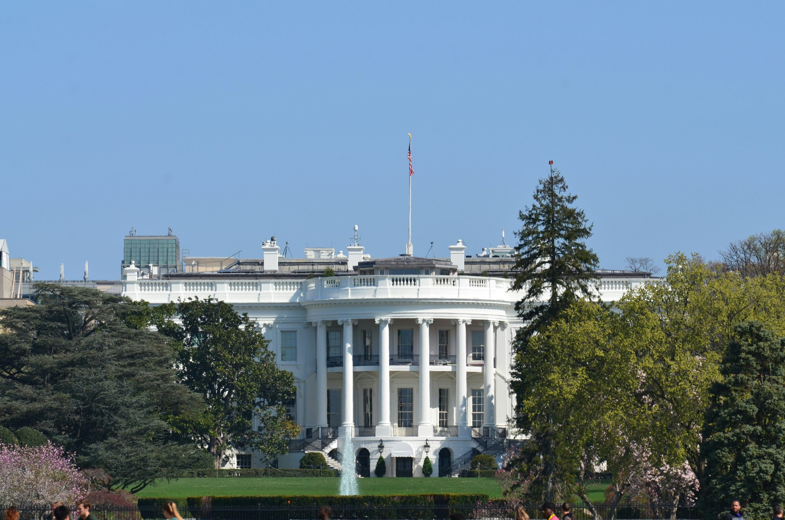 The White House with green trees in front under a sunny blue sky.