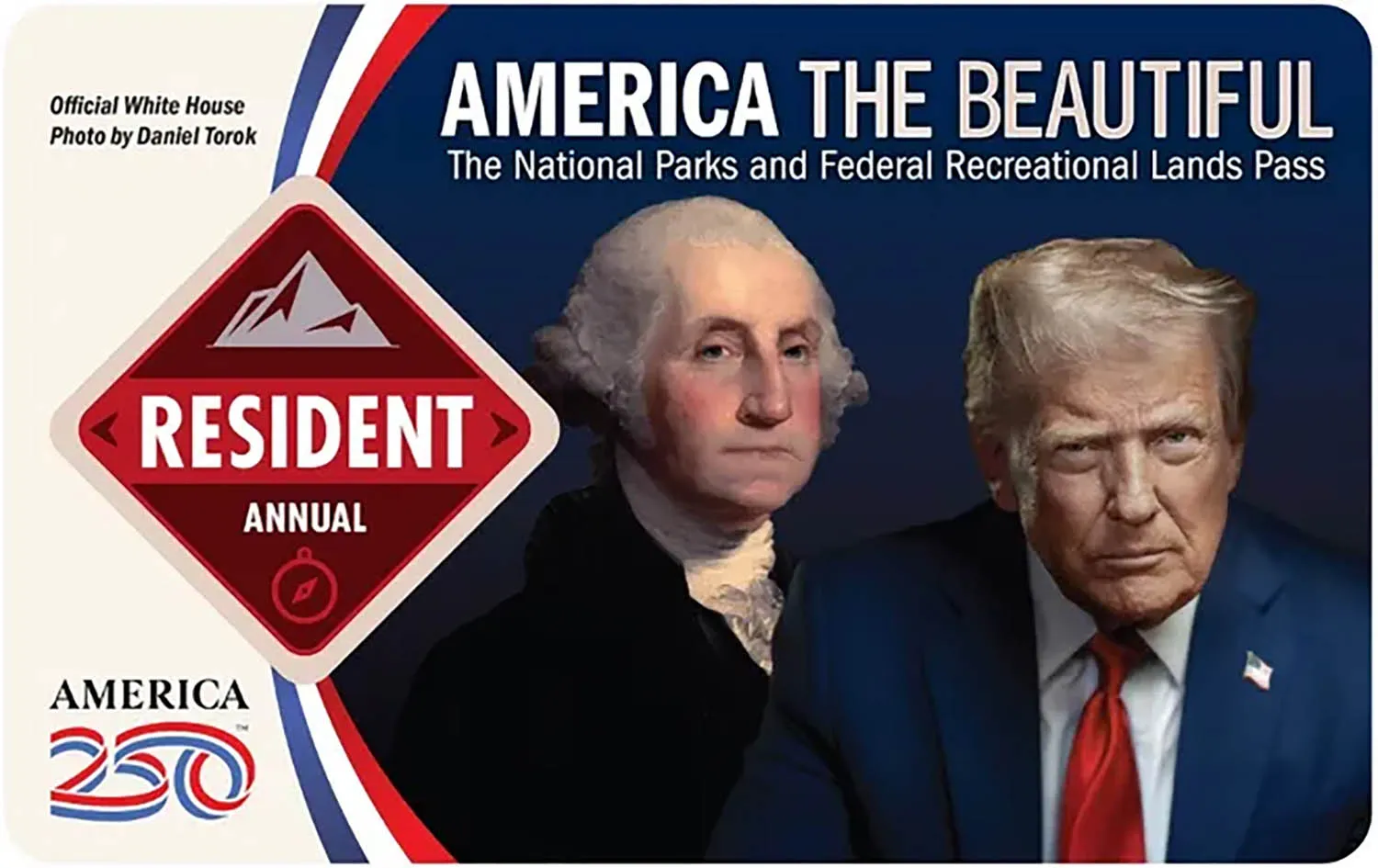 National Parks Annual Passes displaying portraits of George Washington and Donald Trump, side by side, highlighting the design featuring U.S. presidents.