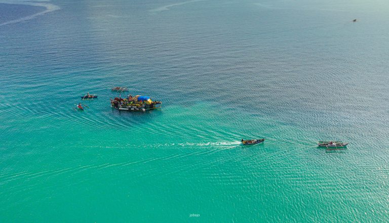 A group of fishing boats floating on calm waters, some with nets and equipment visible on deck, under a clear sky.