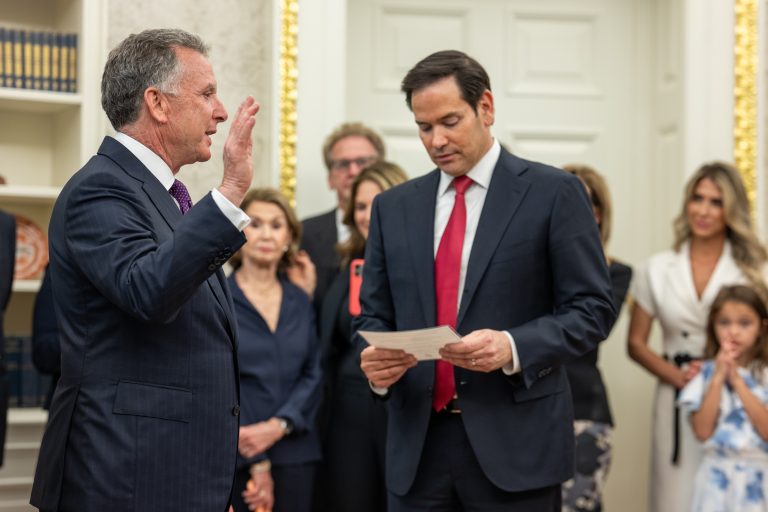 Steve Witkoff is sworn in as the U.S. special envoy to the Middle East by Secretary of State Marco Rubio during a ceremony in the Oval Office.