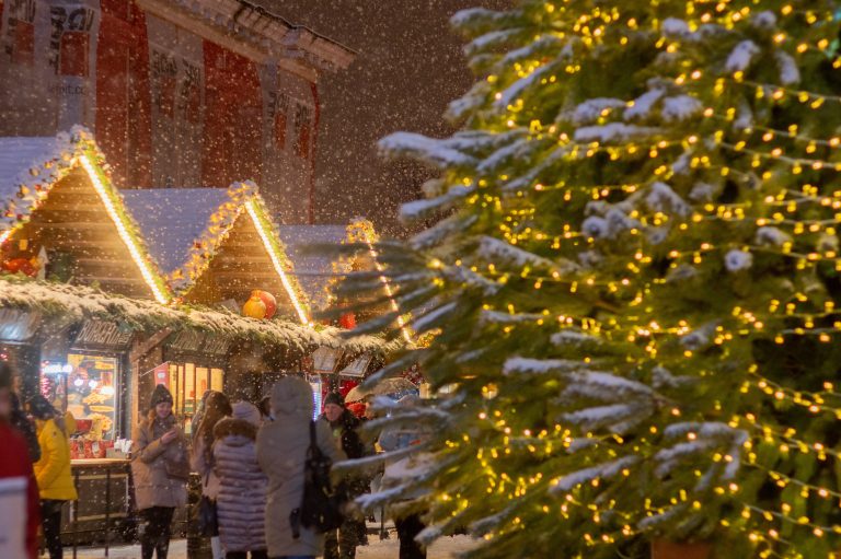 A group of people stand gathered around a decorated Christmas tree in a public space.