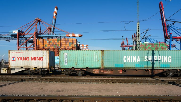 Shipping containers labeled "Yang Ming" and "China Shipping" loaded on a train at a port, ready for transport.