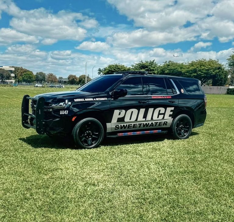 This image shows a 2026 Chevrolet Tahoe Police Pursuit Vehicle (PPV) belonging to the Sweetwater Police Department in Florida.