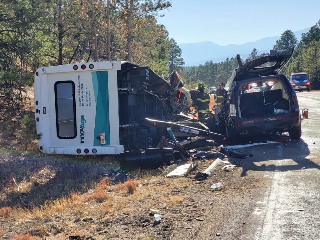 This image shows the aftermath of a fatal, multi-vehicle crash involving a stolen bus on November 5, 2020, on Highway 83 north of Colorado Springs.