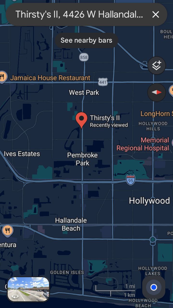 Map view of 4426 West Hallandale Beach Boulevard, showing a red location icon for Thirsty's Liquor Bar on Google Maps.