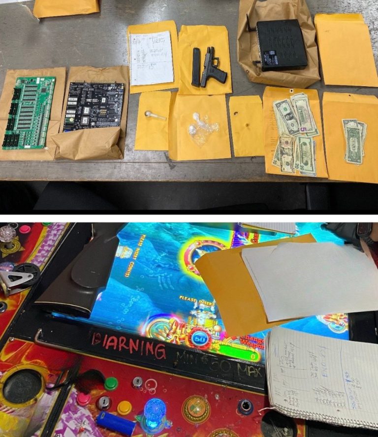 A composite image showing a seized firearm, currency, and an electronic gambling console from the 17th Avenue Oakland raid.