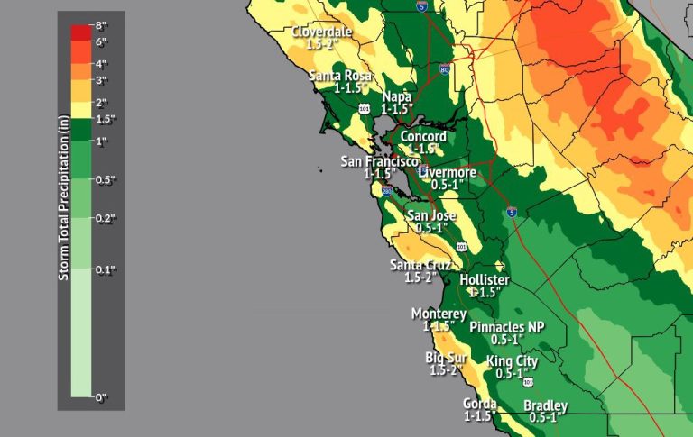 A weather map of the California Bay Area showing projected storm total precipitation in inches, ranging from 0.5 inches inland to 2 inches along the coast.