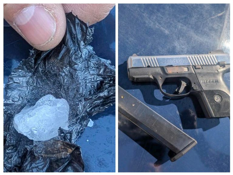 A side-by-side collage showing a crystalline substance in black plastic on the left and a Ruger SR40c handgun with an extended magazine on the right.