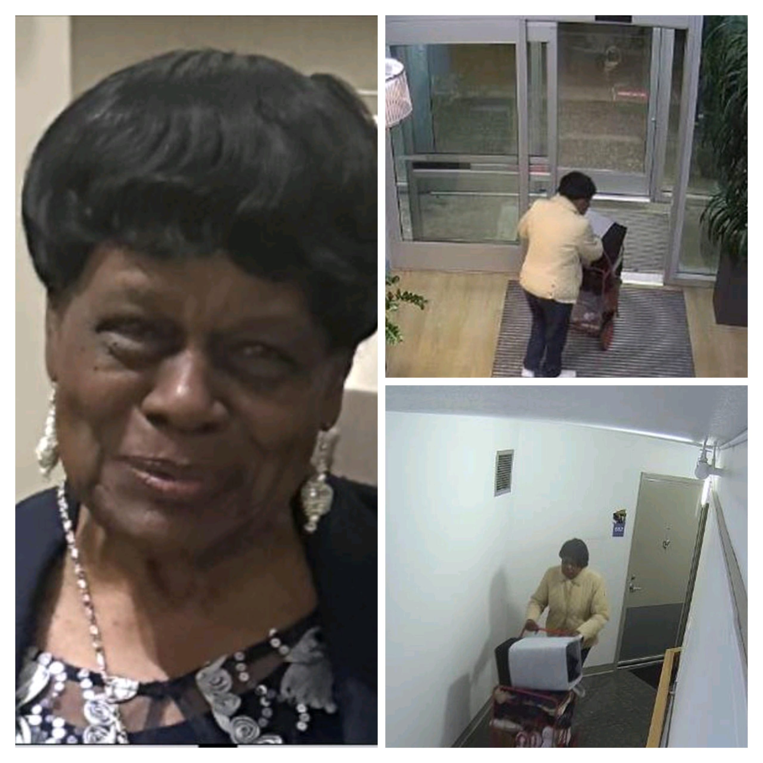 A collage of three images: two surveillance stills showing a woman pushing a wheeled cart and one portrait photograph of Rosie McMurray.