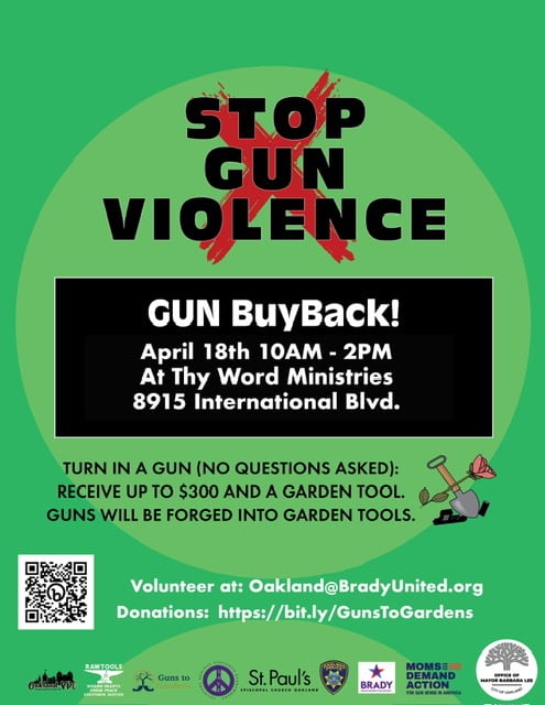 A green flyer with a red X over "GUN VIOLENCE" promoting a gun buyback event at Thy Word Ministries on April 18 from 10 AM to 2 PM.