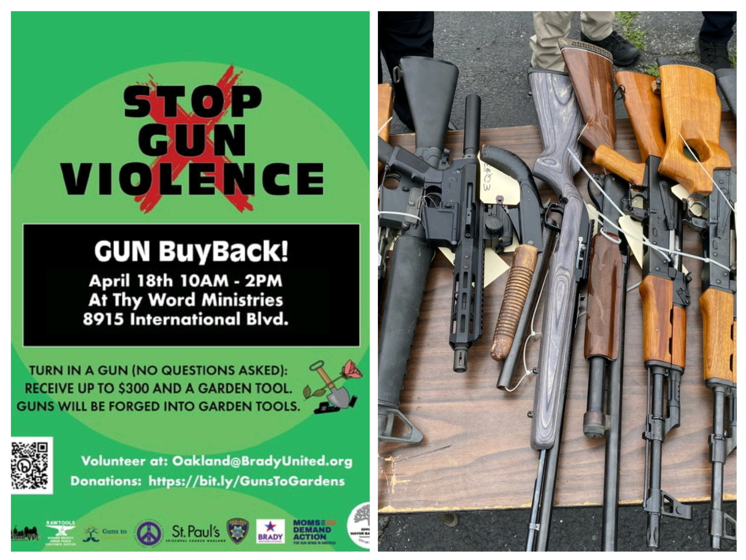 A side-by-side collage featuring a green promotional flyer for an April 18 gun buyback and a collection of long guns surrendered during a previous November 2025 event.