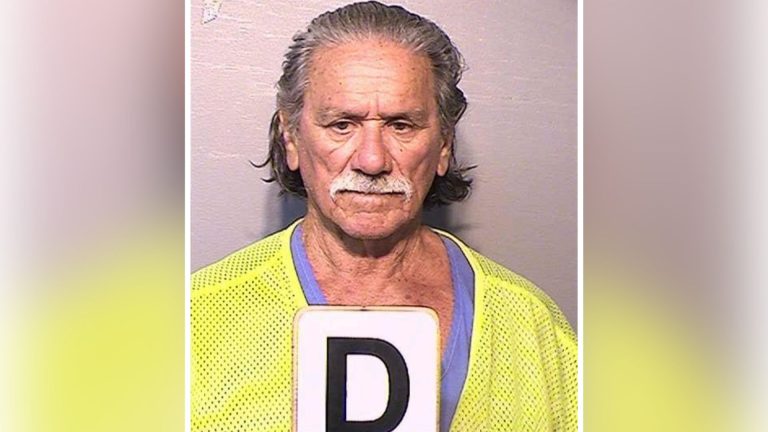 A booking photograph (mugshot) of Alberto Tamez, Jr., showing an elderly man with graying hair, a thick mustache, and a yellow mesh safety vest over a blue shirt.