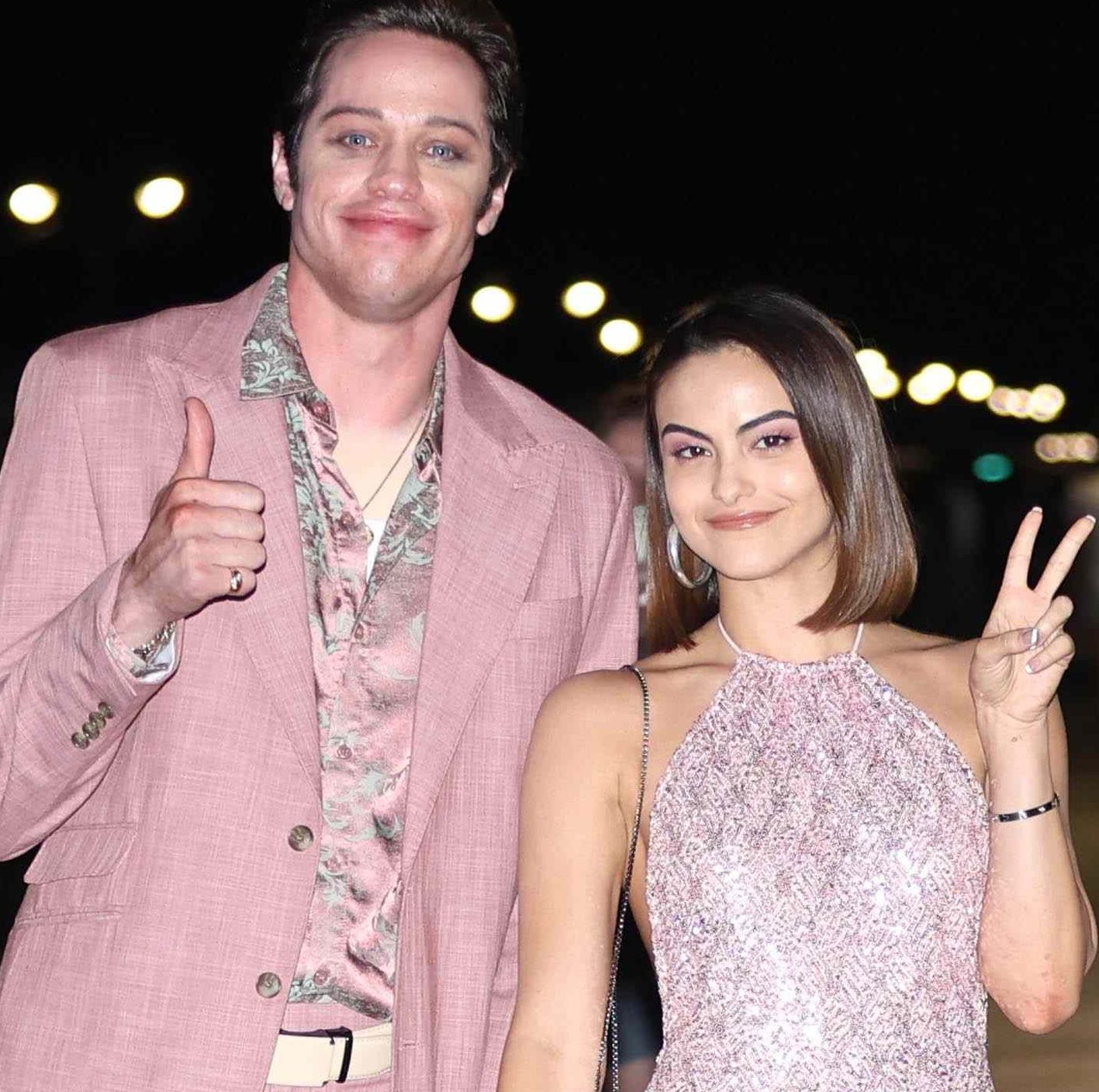 Pete Davidson and Camila Mendes match on Coney Island set